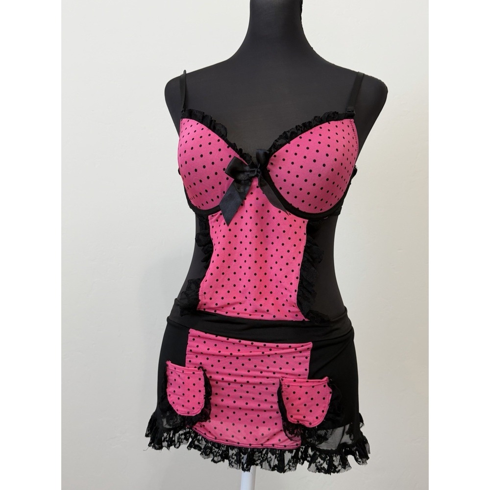 Y2K Spree Intimates Sz L Pink Polka Dot French Maid Apron Lingerie Dress Lace